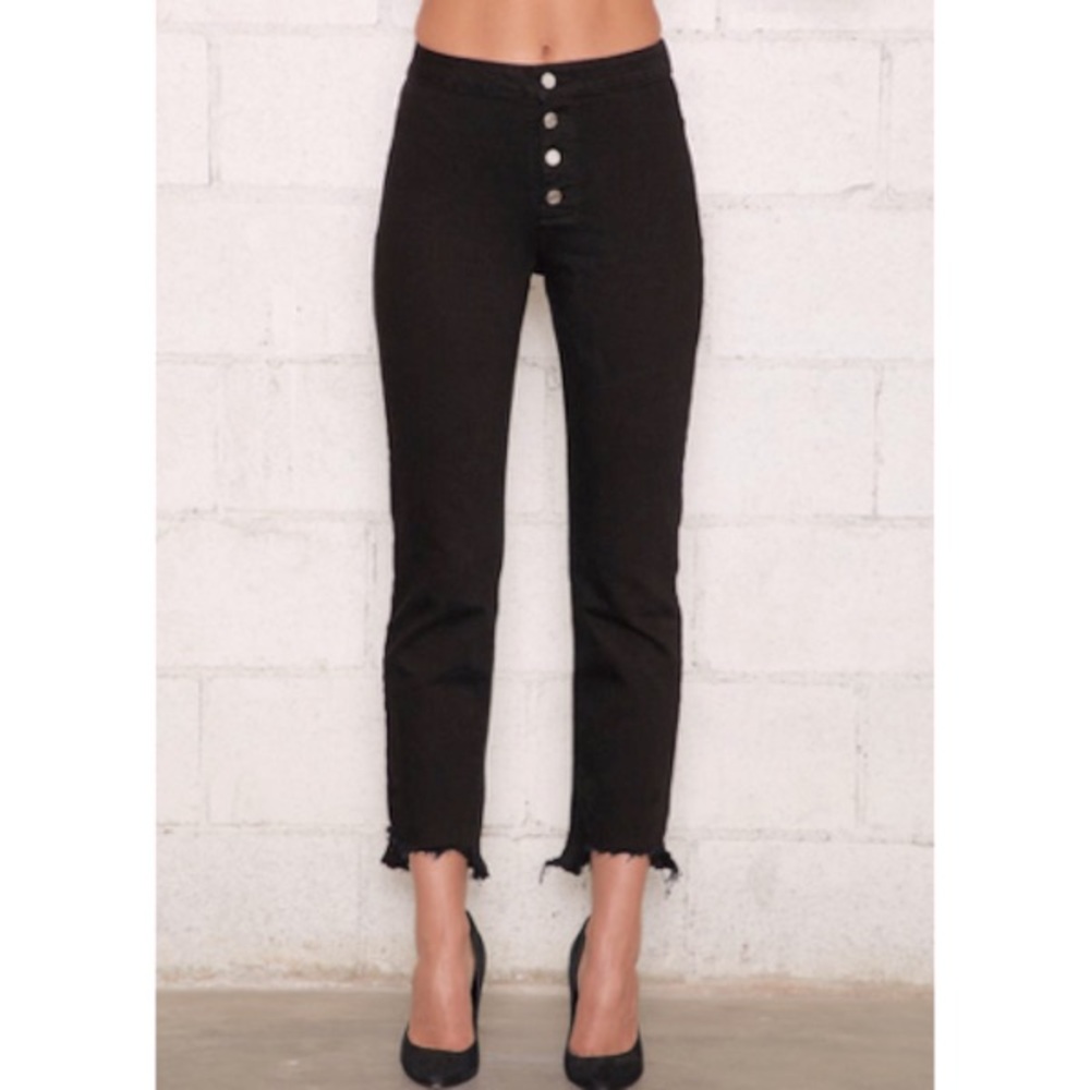 RtA Max High-Rise Button-Front Jeans with Frayed Hem Jet Black Size 24